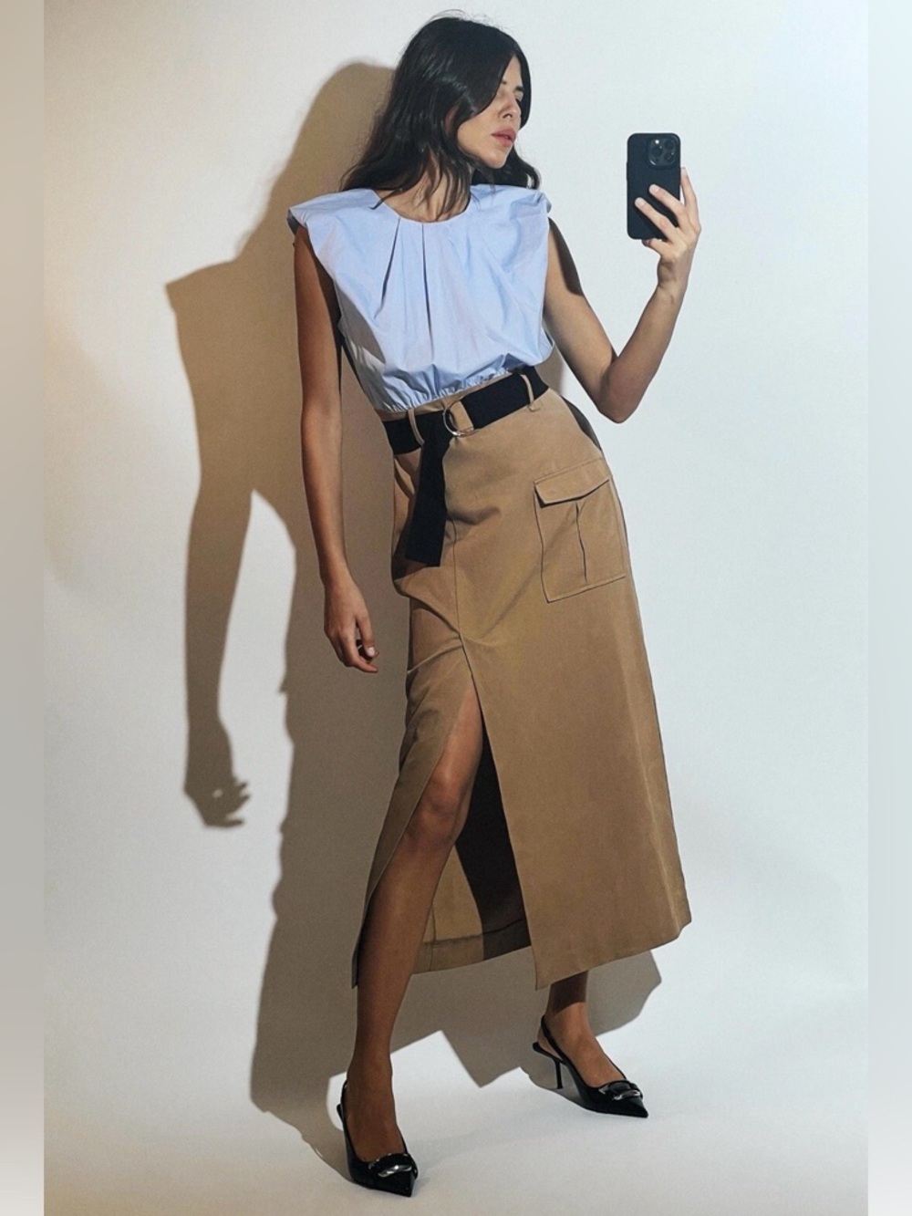 Zara Light Blue Sleeveless Top with Black belt